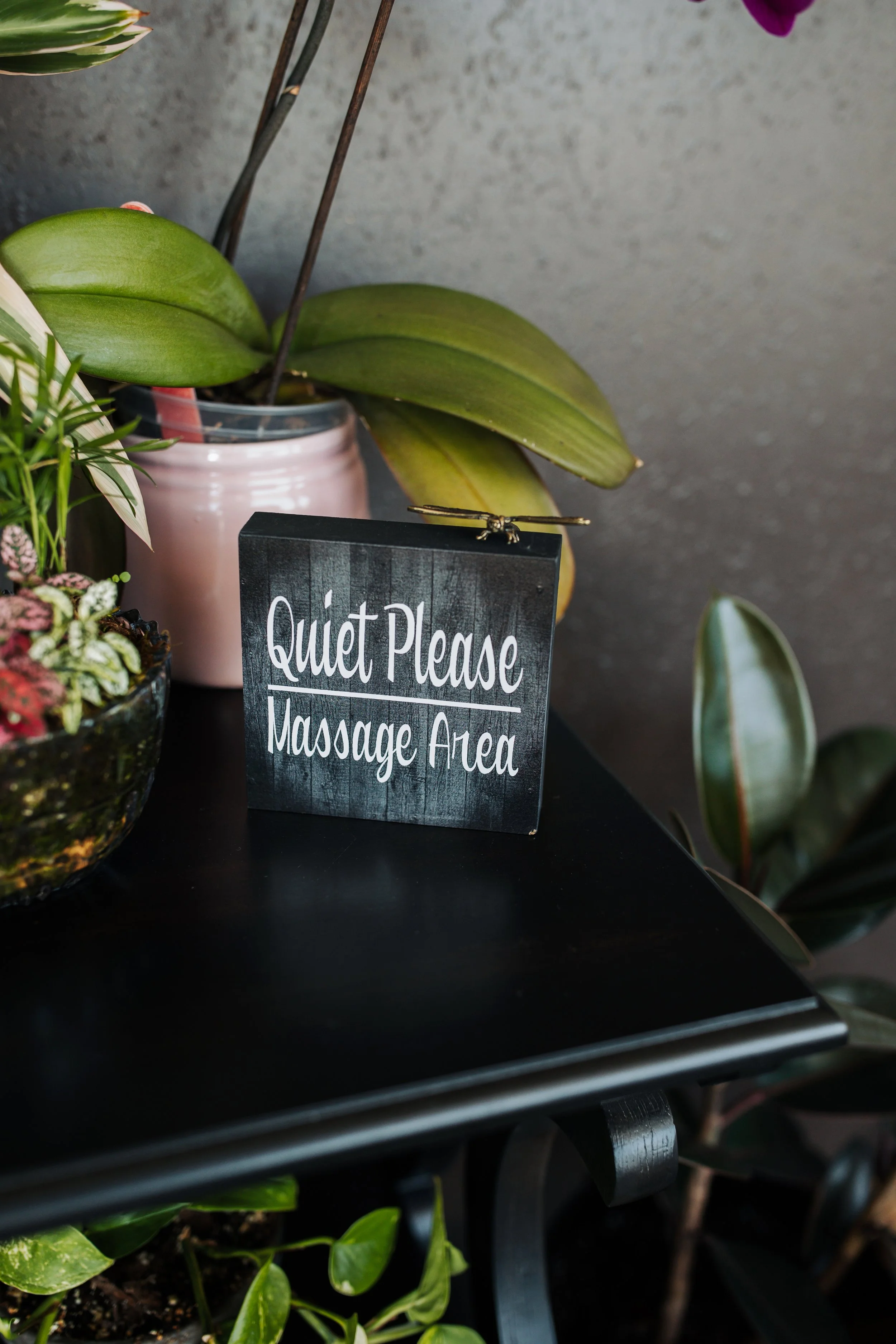 Close-up of a black sign with white lettering that reads 'Quiet Please Massage Area,' surrounded by potted plants and a dark table surface.