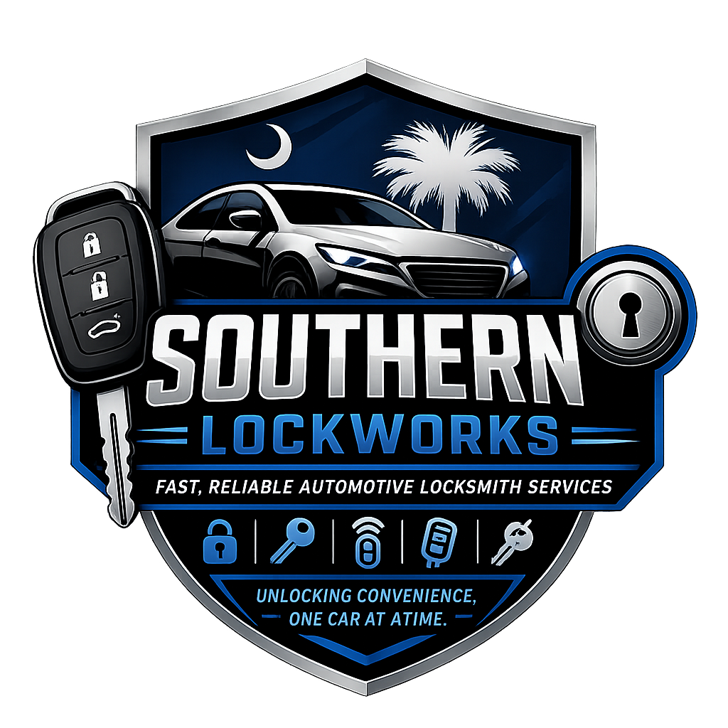 Logo for Southern Lockworks, an automotive locksmith service, featuring a car key with lock and unlock buttons, a car, a lock icon, a wrench, and car remote fob, with text indicating fast, reliable services and unlocking convenience.