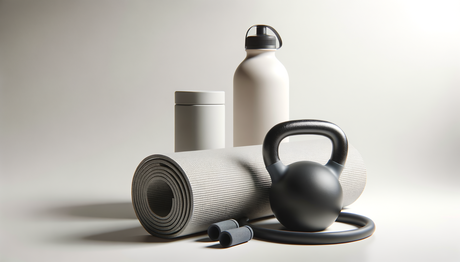 Fitness equipment including a rolled yoga mat, kettlebell, jump rope, water bottle, and a container, arranged on a white surface with a neutral background.
