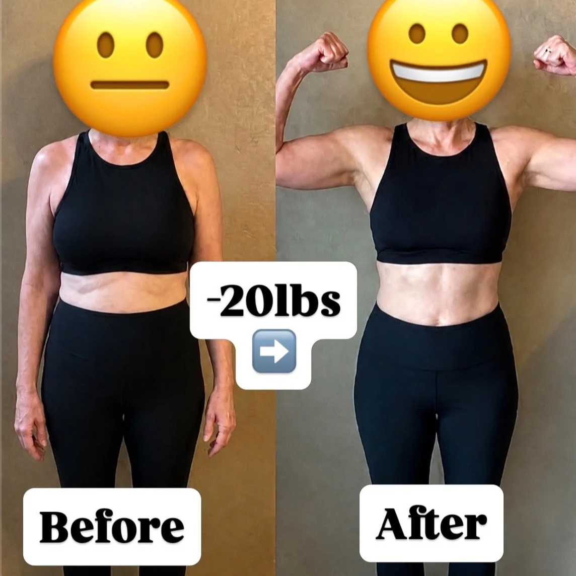 Side-by-side comparison of a woman before and after losing 20 pounds through fitness. The left image shows her with a more relaxed posture, and the right image shows her flexing her arm muscles with a broader smile, highlighting her weight loss and increased muscle tone.