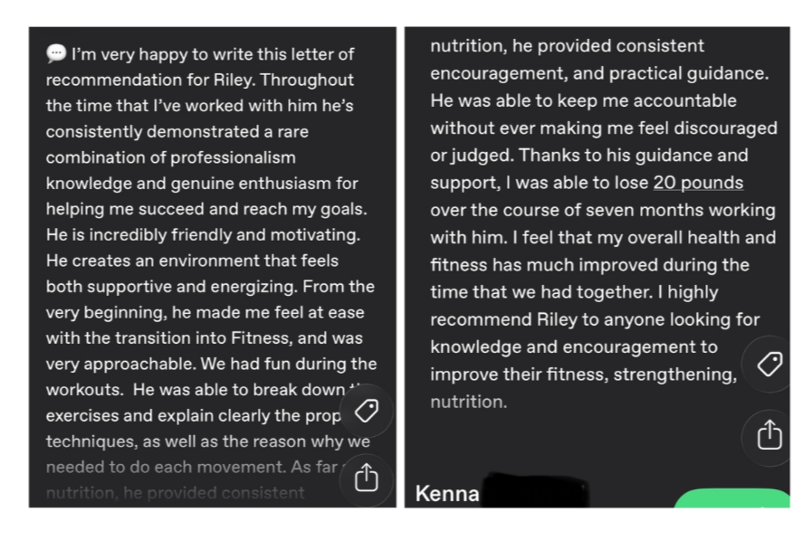 A screenshot of a text message or email with a positive testimonial about a fitness trainer, Riley. The message praises Riley's professionalism, motivation, and support in helping the sender improve their health and fitness, including losing 20 pounds over seven months. The sender recommends Riley for anyone seeking fitness guidance.