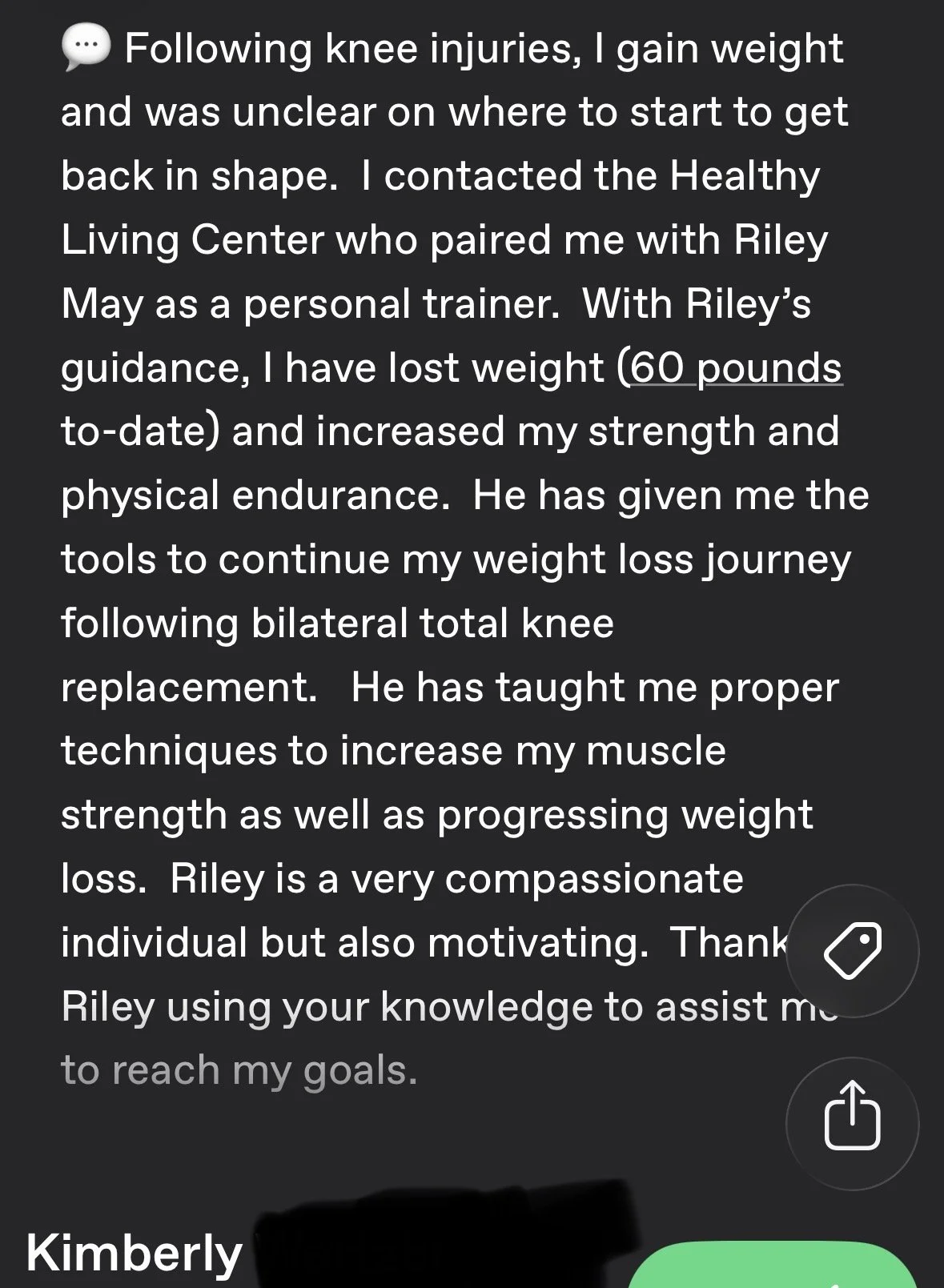 Screenshot of a text message describing a person's weight loss journey after knee injuries and working with a personal trainer, Riley.