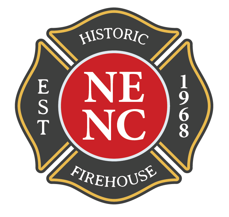 Logo of the North East North Carolina Firehouse, established in 1968, featuring a red circle with white text 'NE NC' at the center, surrounded by a gray and gold Maltese cross-shaped design with the words 'HISTORIC' at the top, 'FIREHOUSE' at the bottom, and 'EST 1968' on the sides.