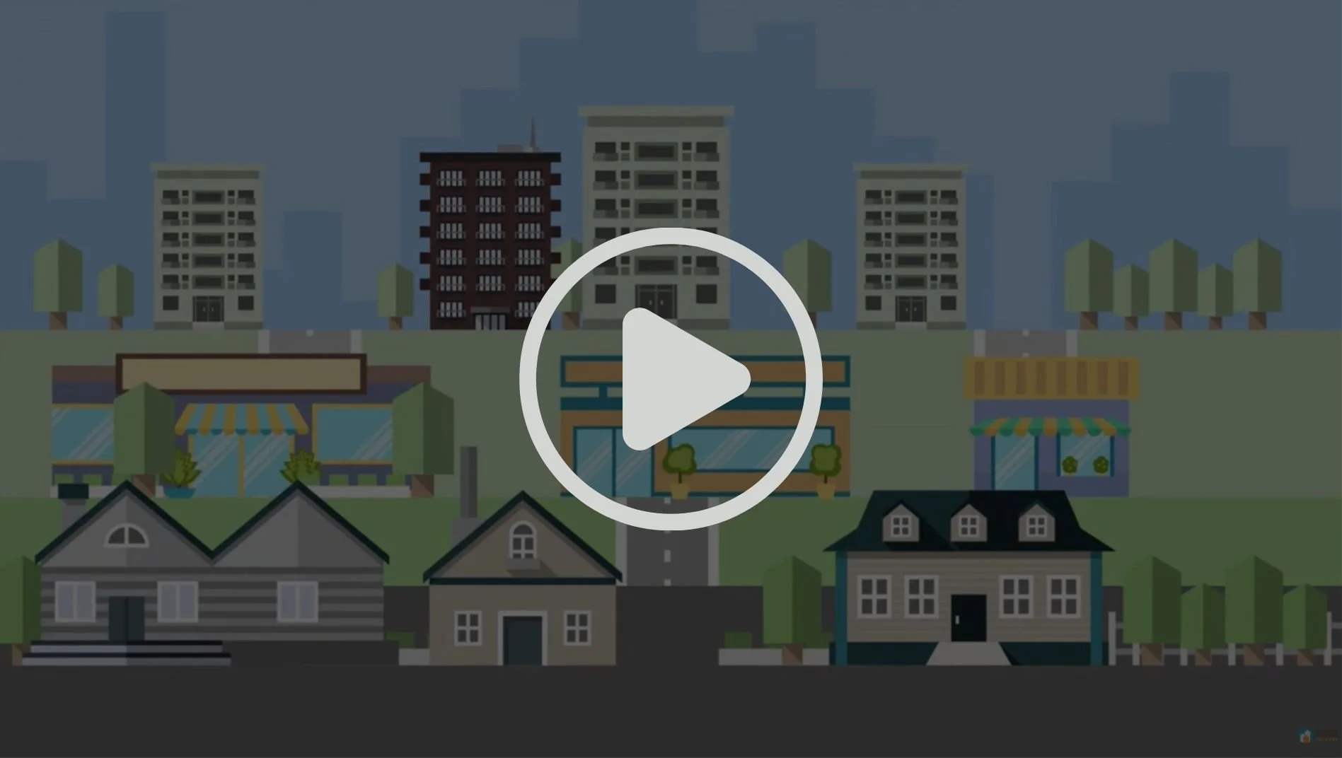 Animated cityscape with residential houses in the foreground, commercial buildings in the middle, and taller skyscrapers in the background, set against a cloudy sky.