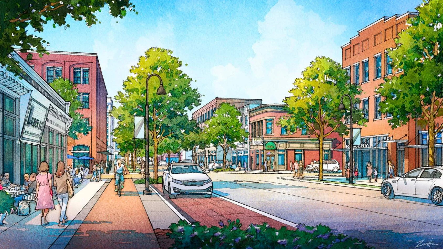 A colorful watercolor illustration of a city street scene during daytime. There are pedestrians walking along the sidewalk, some sitting outside a cafe, and a cyclist riding on the road. Trees line both sides of the street, and cars are parked and driving along the road. Buildings of various heights and colors, including shops, cafes, and businesses, create a lively urban atmosphere under a clear blue sky.