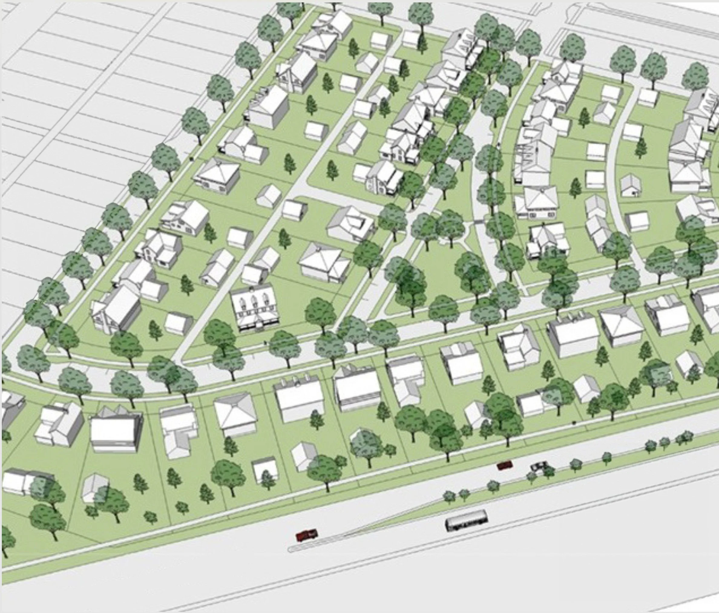 An overhead view of a residential neighborhood with houses, trees, and streets, featuring a mix of proximately placed homes and green spaces.
