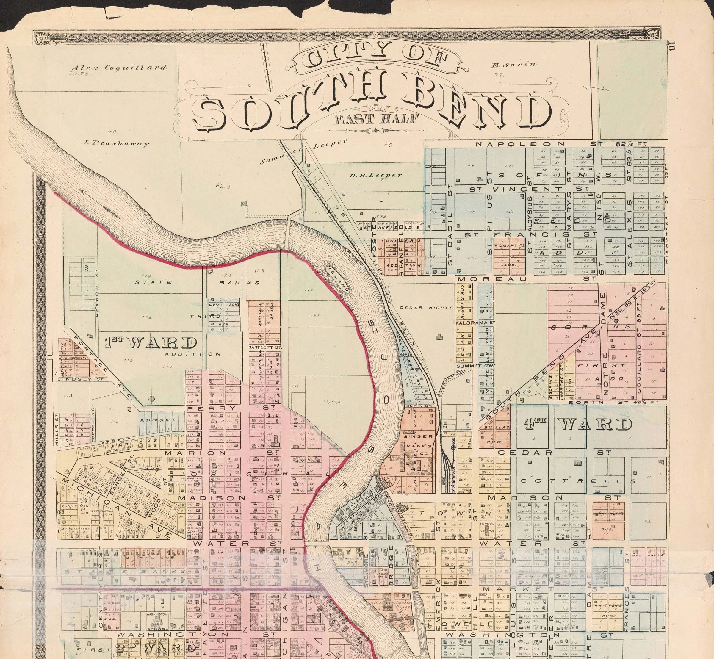 Historical city map showing streets, blocks, and a river, with labels such as 'City of Saint Bernard', 'East Half', and various street names.