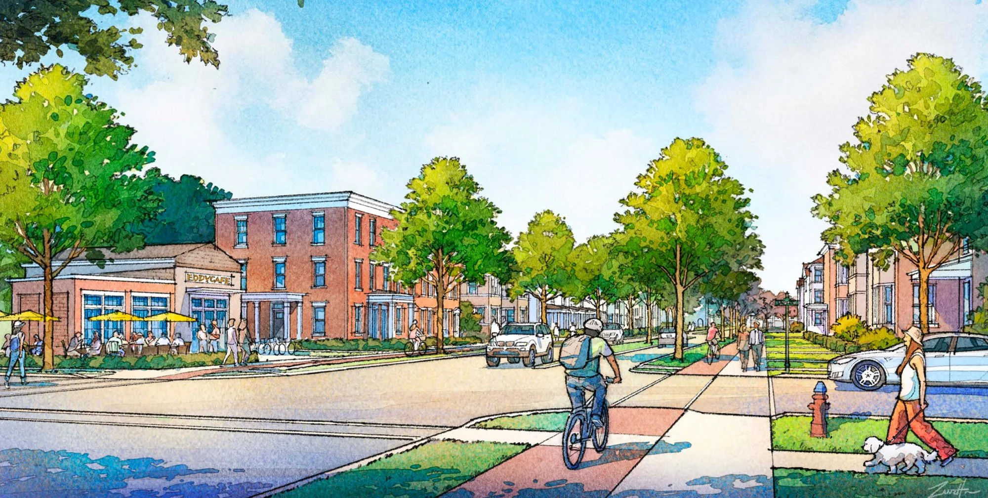 A lively neighborhood street scene with trees, brick buildings, people walking, bicycling, and sitting outside a café under yellow umbrellas on a bright, sunny day.