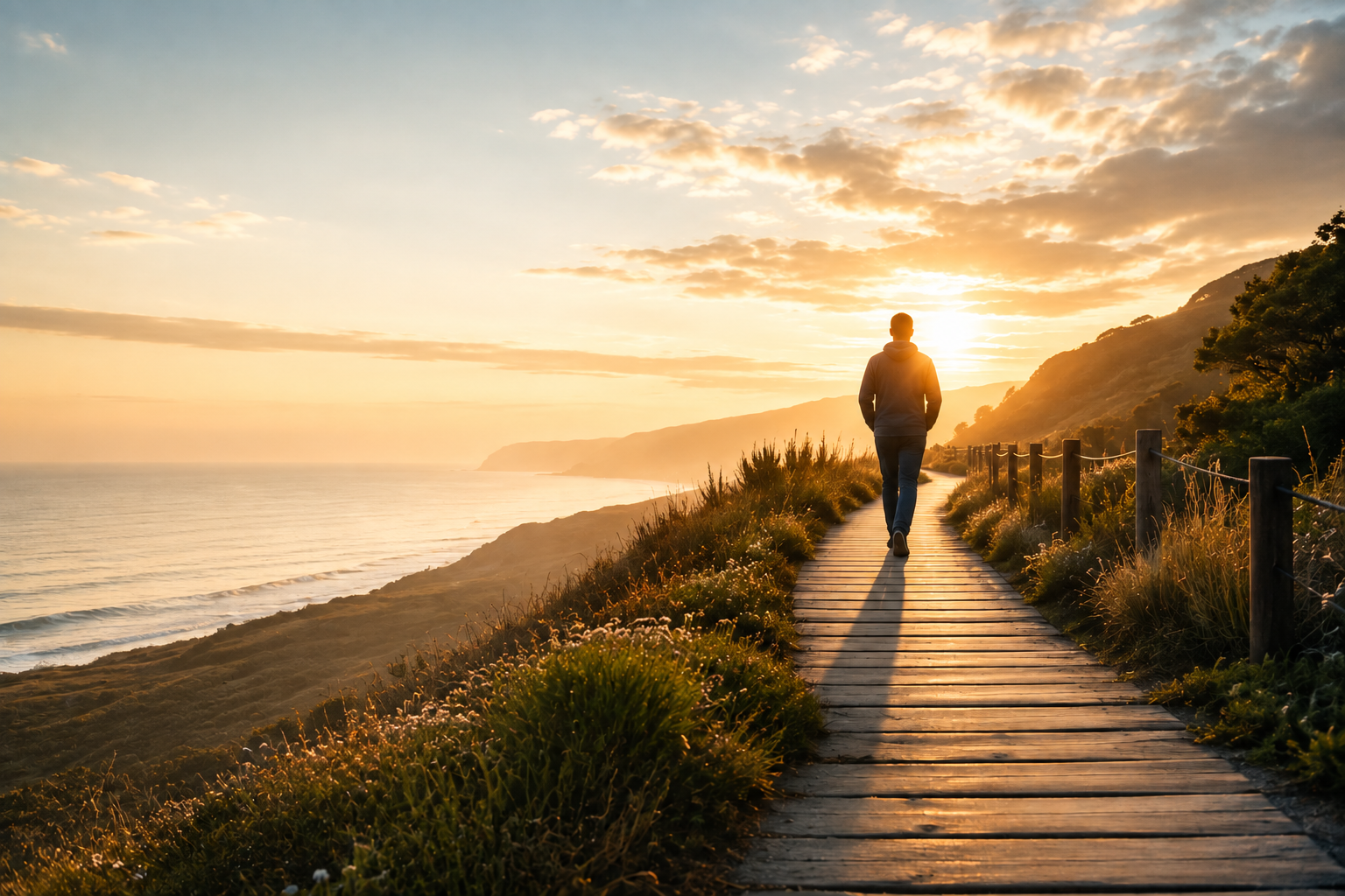 “Person walking toward the sunset on a path, representing hope and recovery.”