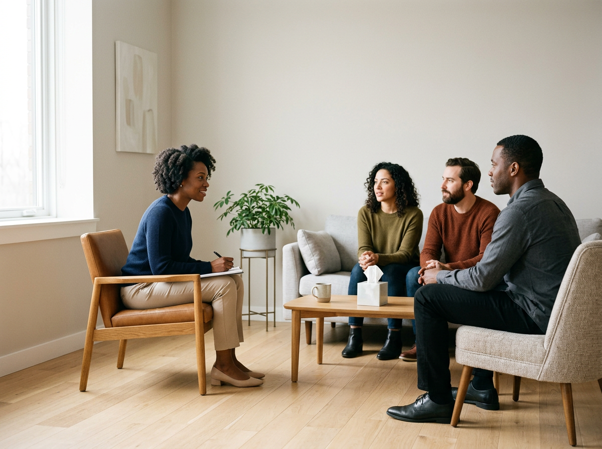 “Therapist providing counseling during a group therapy session.”