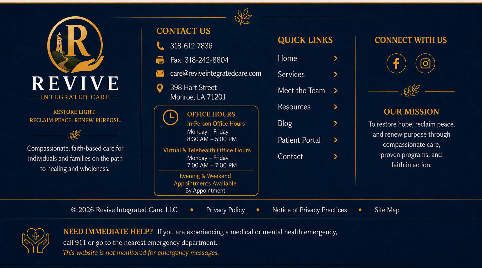 Revive Integrated Care contact information, office hours, quick links, social media icons, and mission statement on a dark blue background with gold accents.