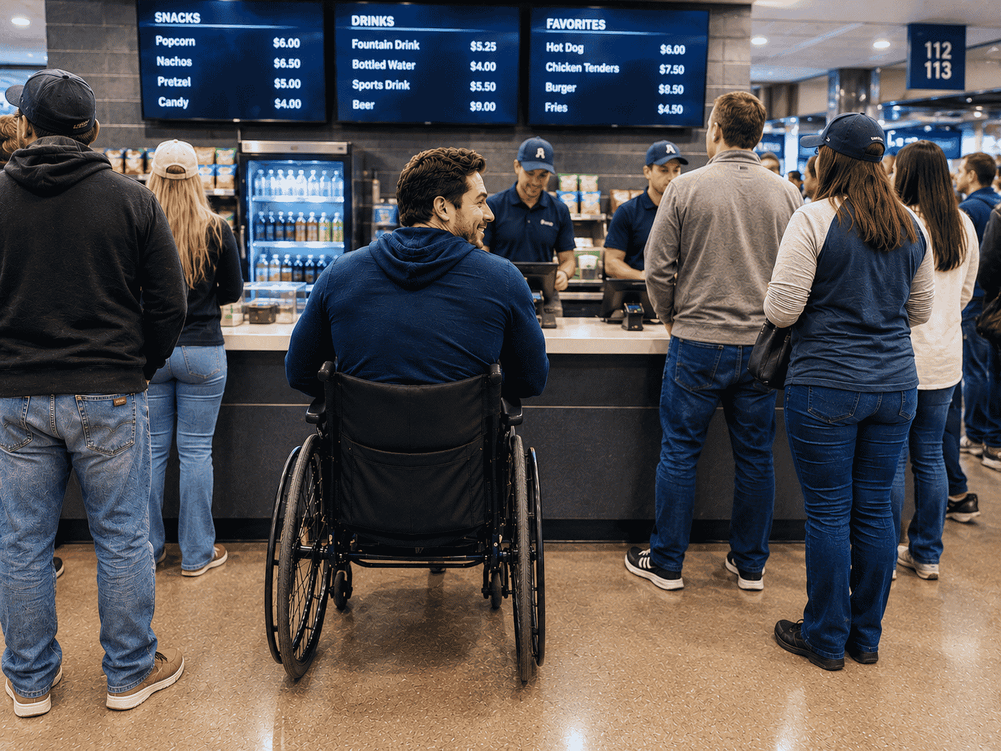 A man in a wheelchair getting concessions with ease at a sporting event.