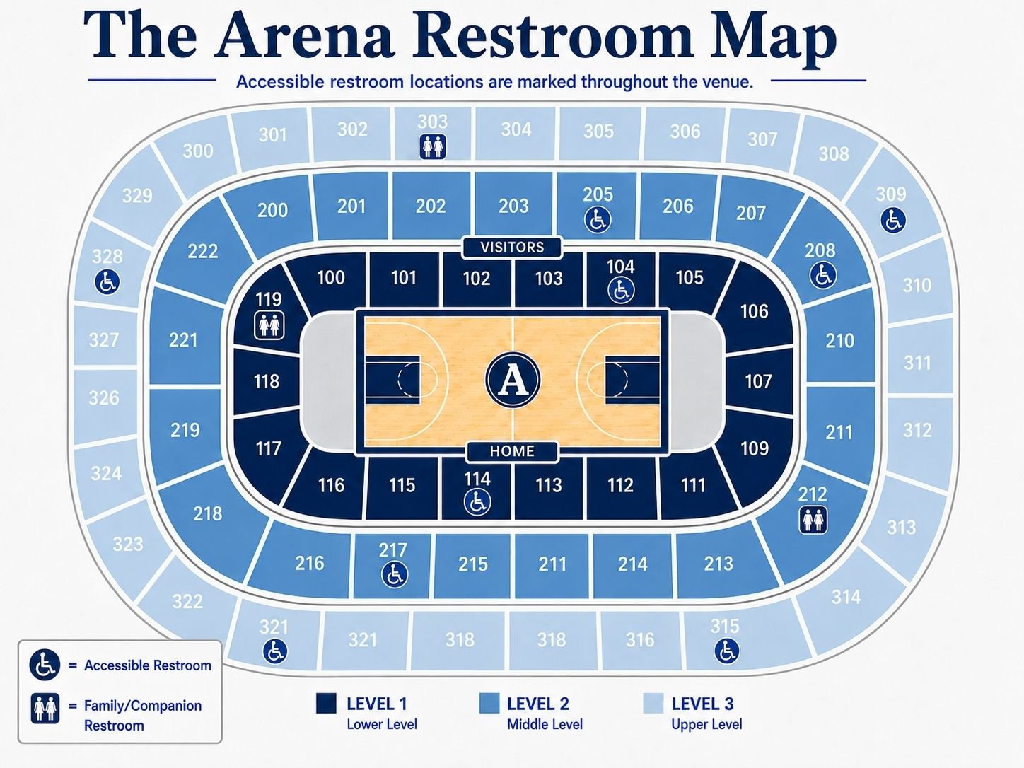 An arena map, specifically calling out accessible restroom and family restroom locations.
