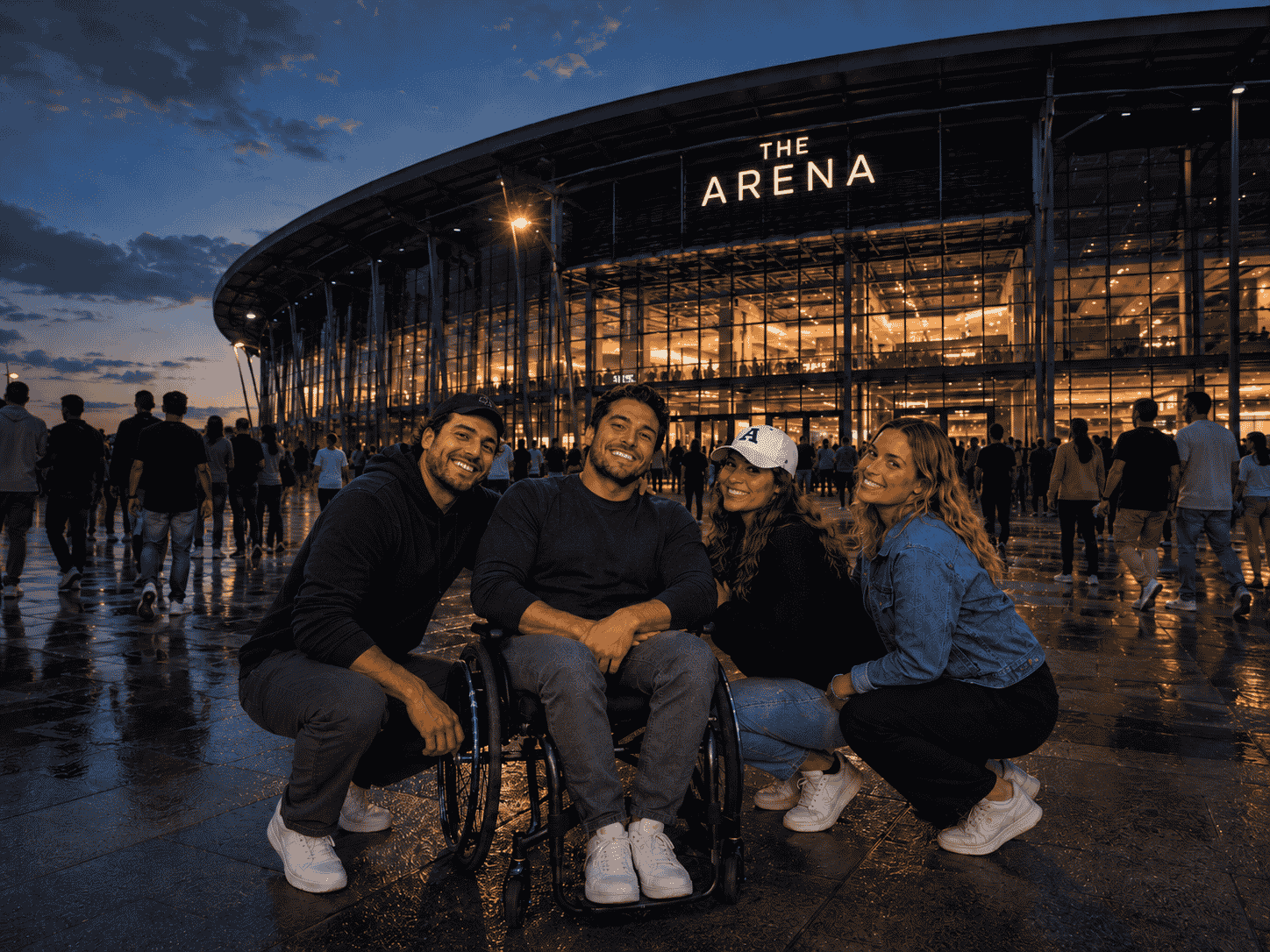 A fan with a disability taking a photo with his friends at the exit of a sporting event.