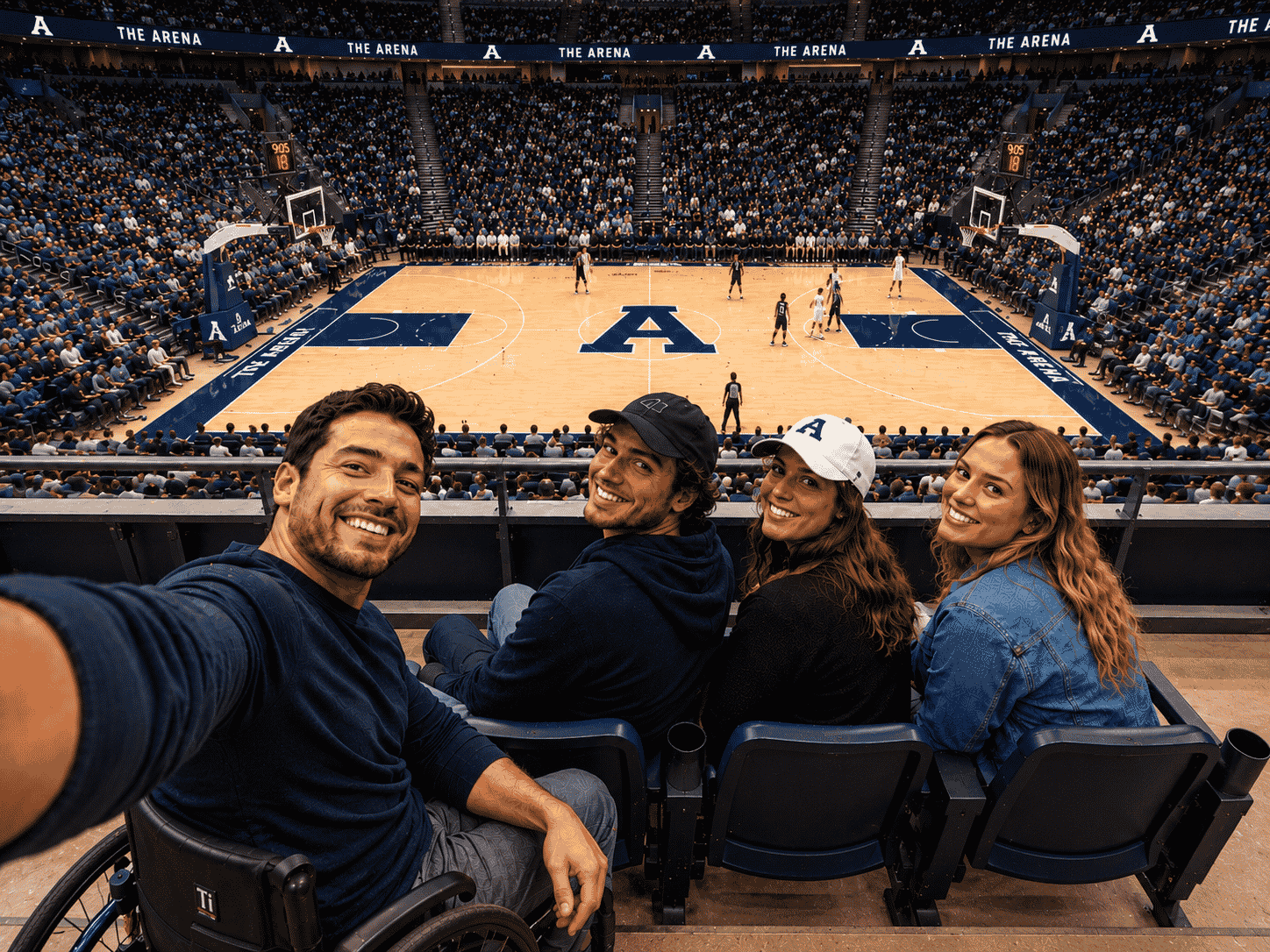 A fan with a disability seating with 3 companions in the accessible seating section at a basketball game.