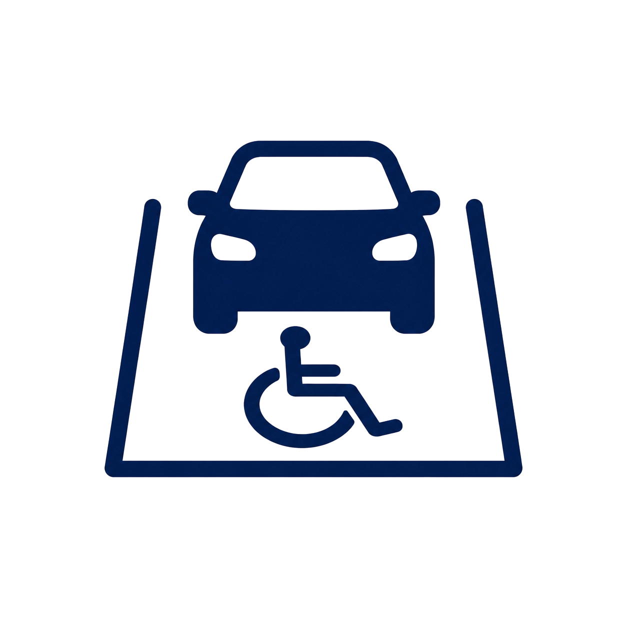 Dark blue icon depicting an accessible parking spot.