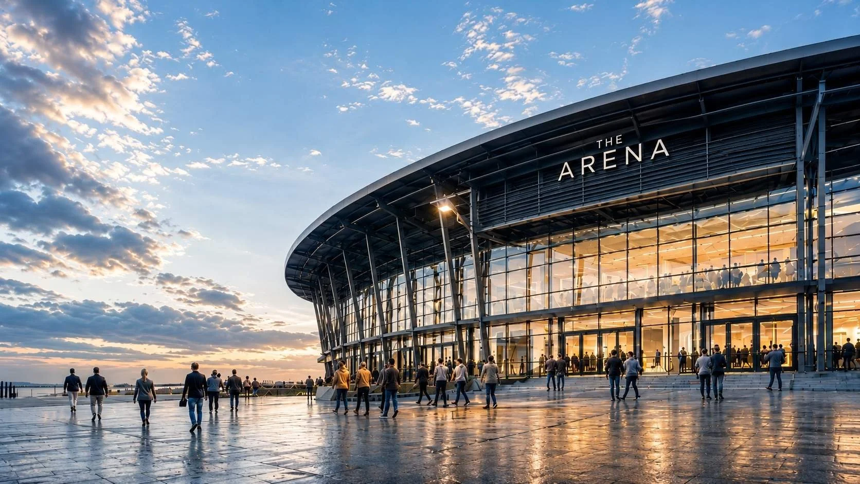 A view from outside an arena with fans walking around before the game.