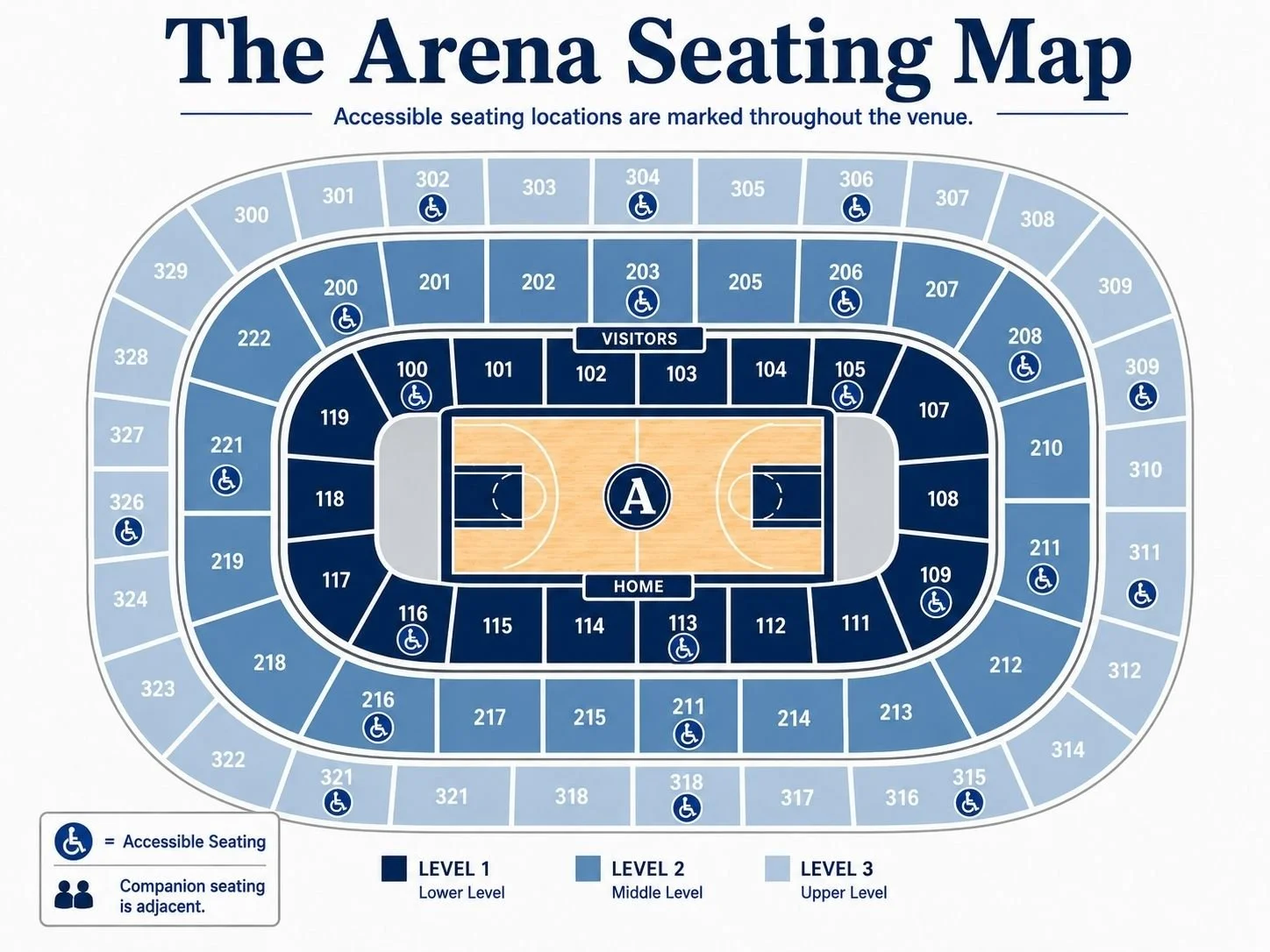 An arena seating chart, specifically calling out accessible seating locations.