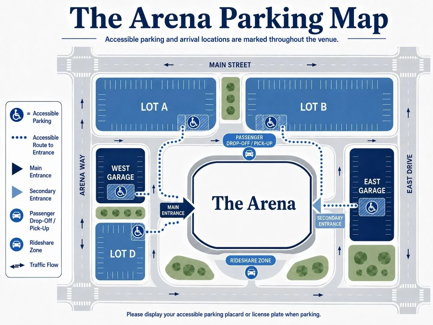 An arena parking map specifically calling out accessible parking location.