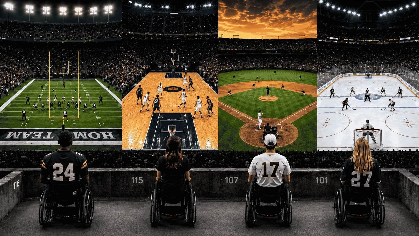 Four separate scenes of fans with disabilities watching a football game, basketballs game, baseball game, and hockey game benefiting from accessibility consulting.