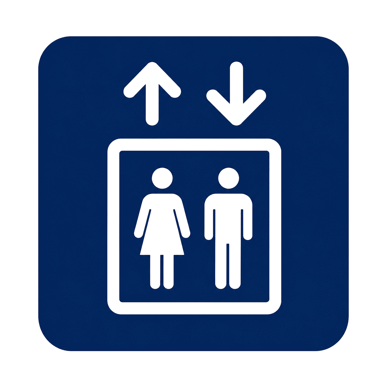 Dark blue icon depicting a wayfinding sign for an elevator.