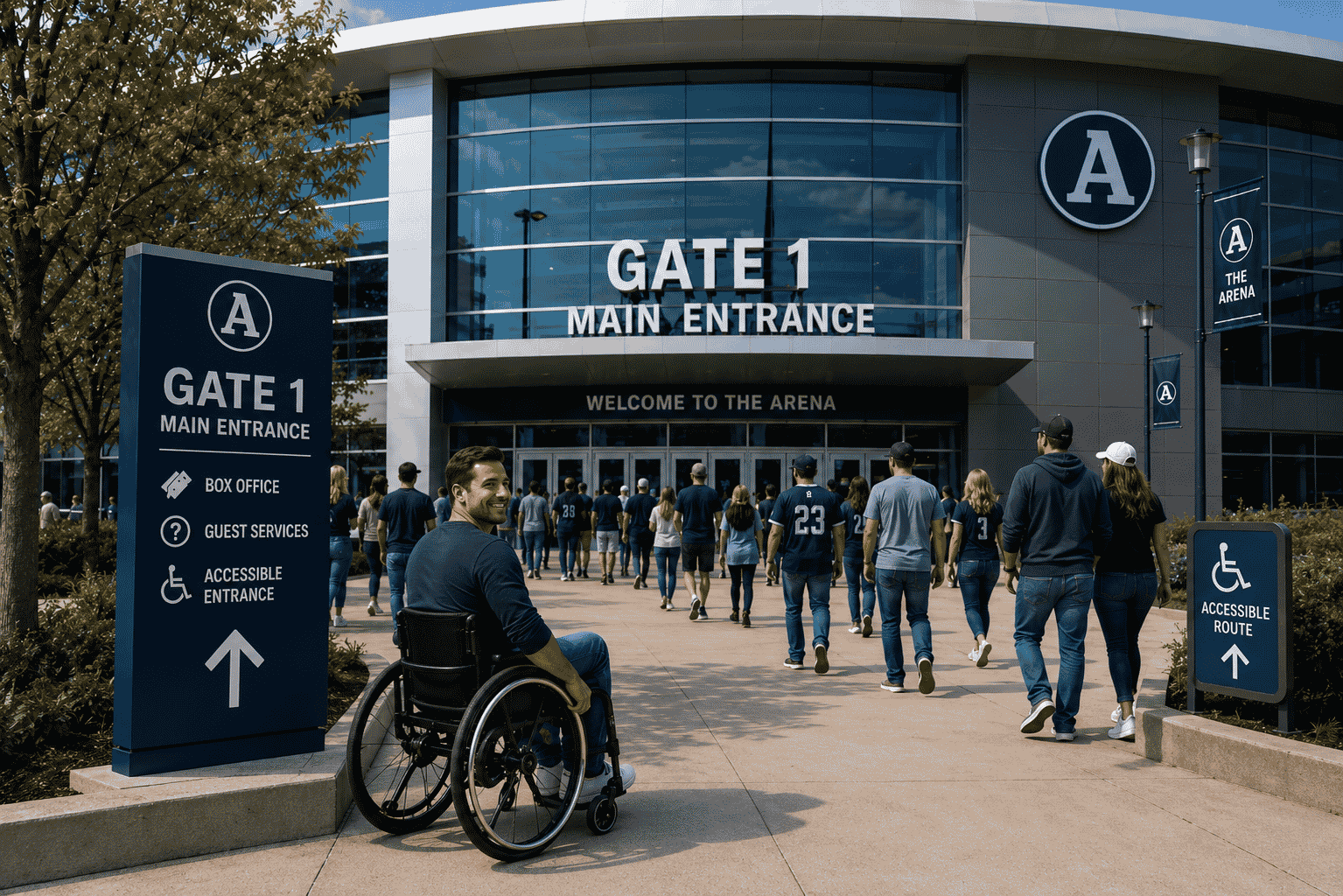 A fan in a wheelchair on game day outside the accessible entrance.