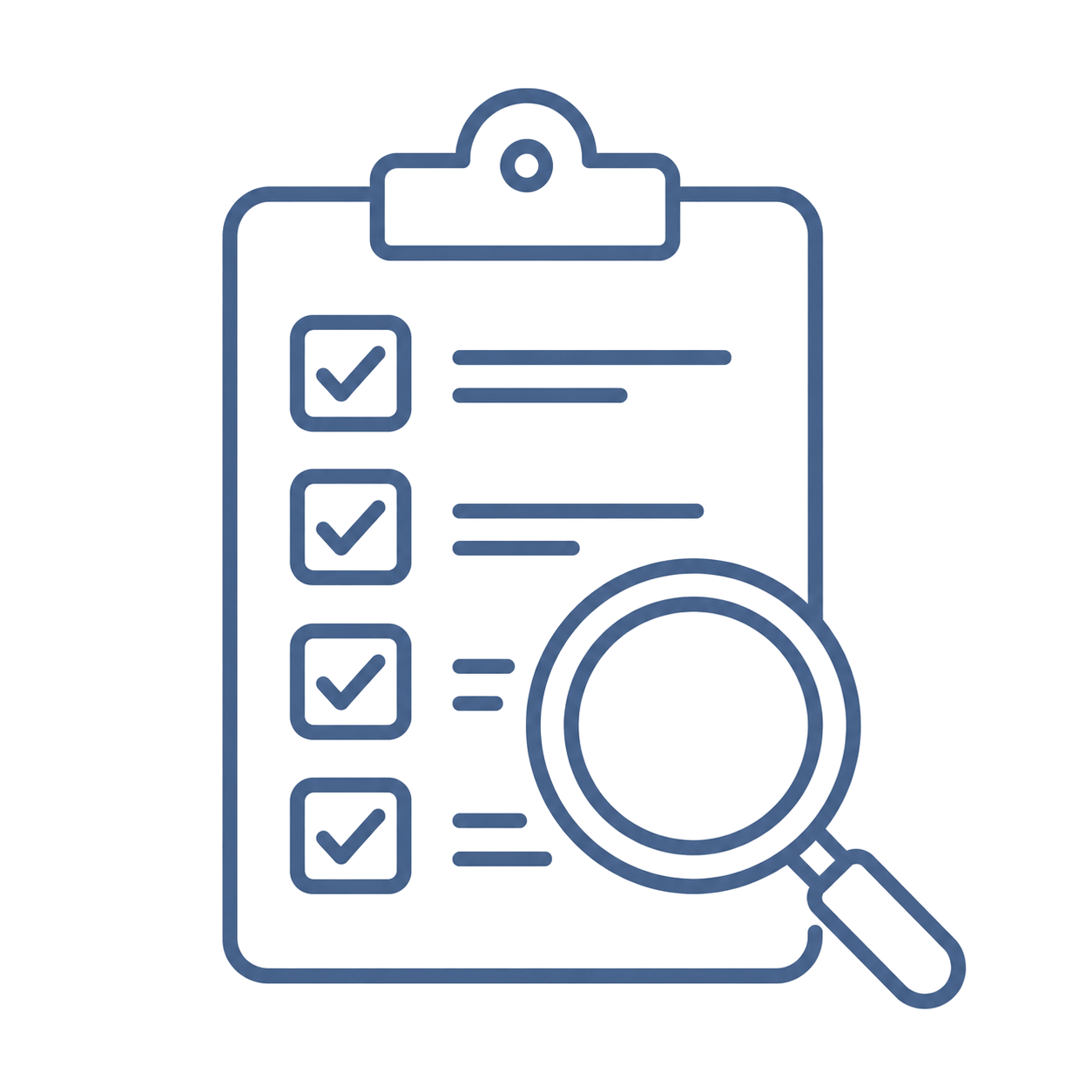 An Icon depicting a clip board checklist and magnifying glass.