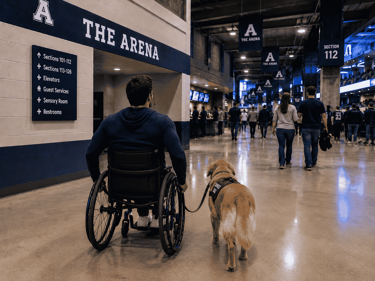 A man in a wheelchair rolling down the concourse within a sports arena with his service dog.
