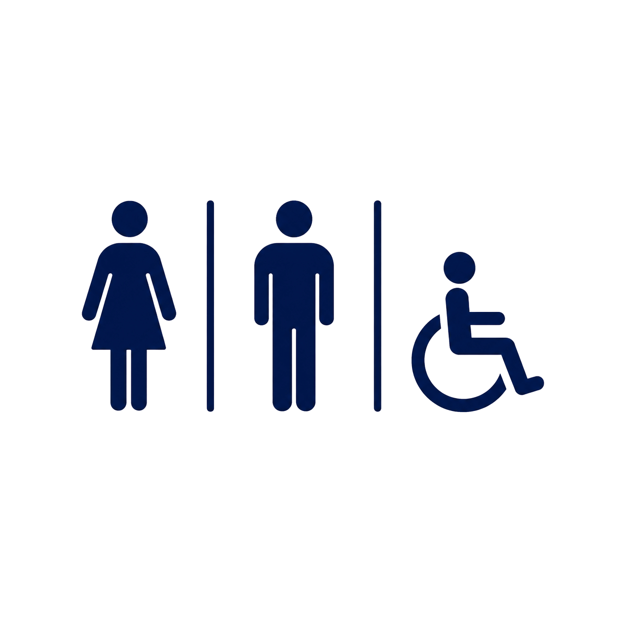 Dark blue icon depicting a sign for a restroom.