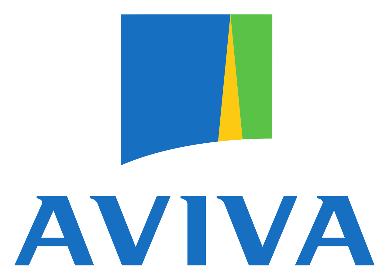 AVIVA insurance company logo featuring a curved black rectangular shape with a stylized four-color flag above it, followed by the word 'AVIVA' in bold blue letters.