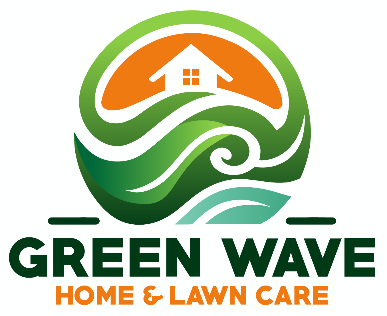 Logo for Green Wave Home & Lawn Care featuring a circle with a house silhouette on an orange background and stylized green waves beneath, with the company name in bold green and orange text.