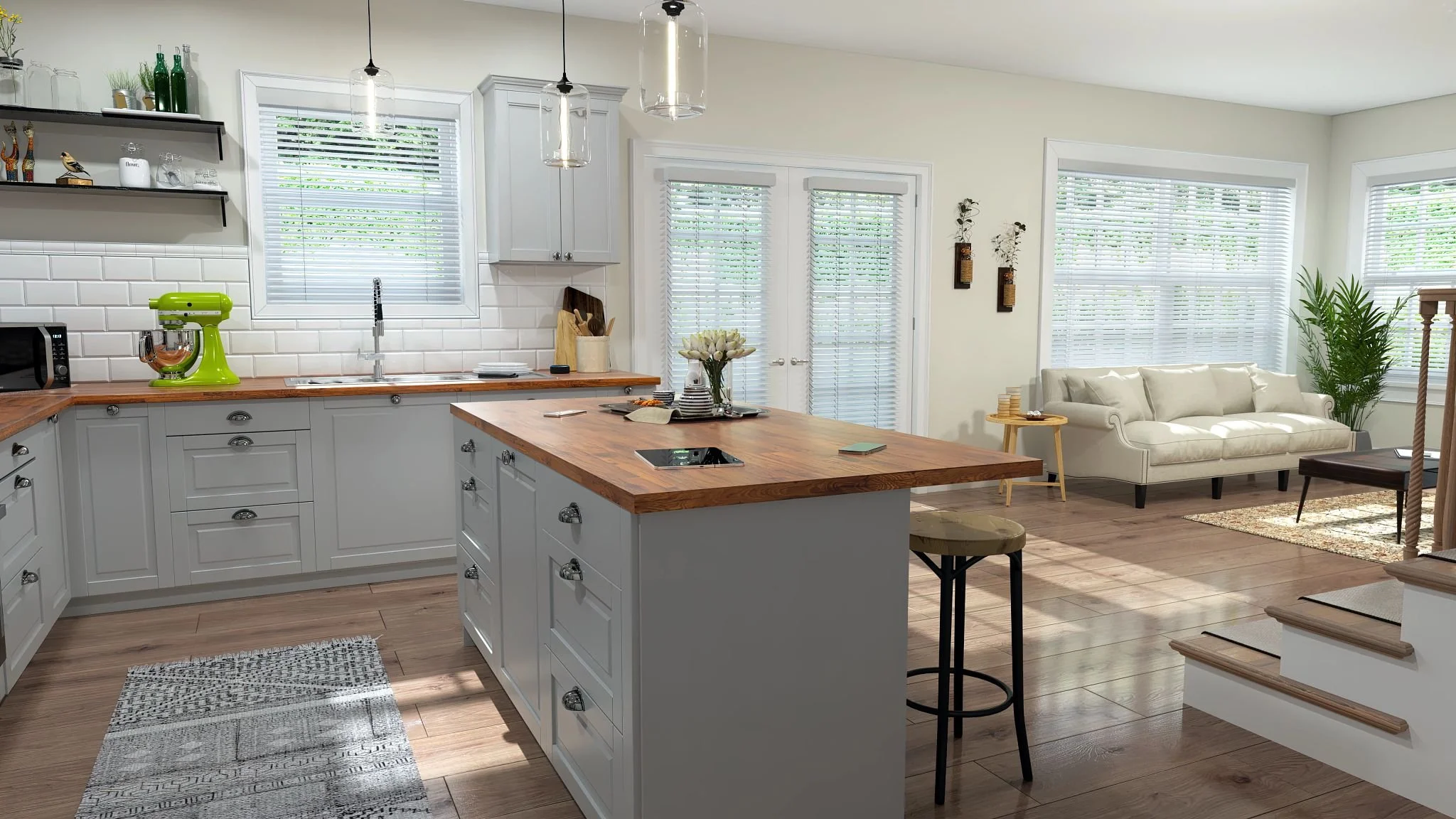 White horizontal blinds on kitchen windows and French doors in a light gray farmhouse kitchen with butcher block countertops