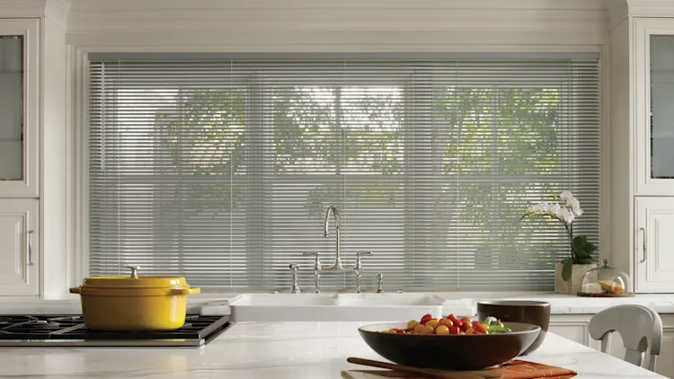 Gray aluminum blinds on a large kitchen window above the sink, with a view of green trees outside