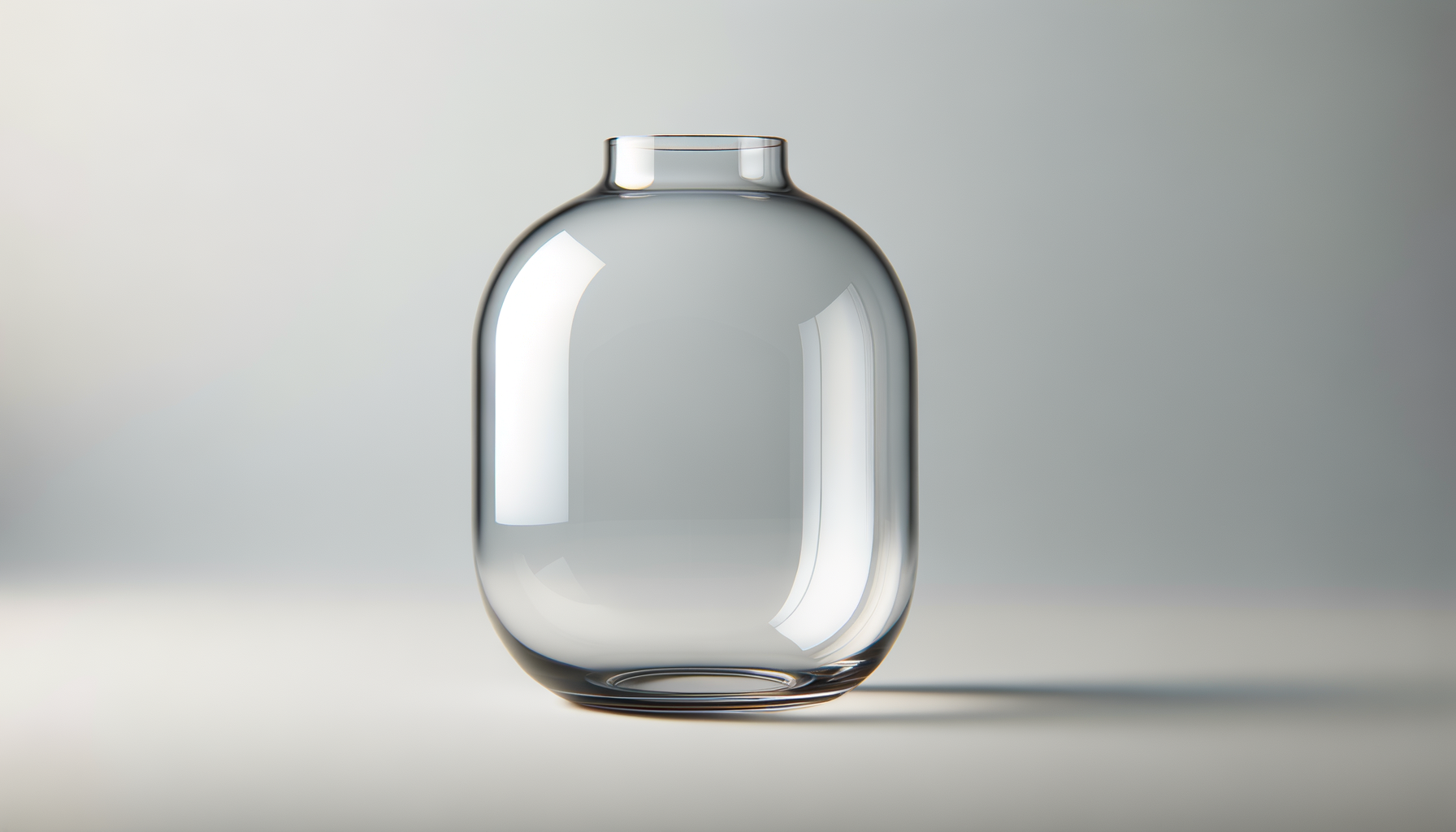 A transparent, empty glass vase with a rounded body and a narrow opening at the top, placed on a flat surface with a plain background.