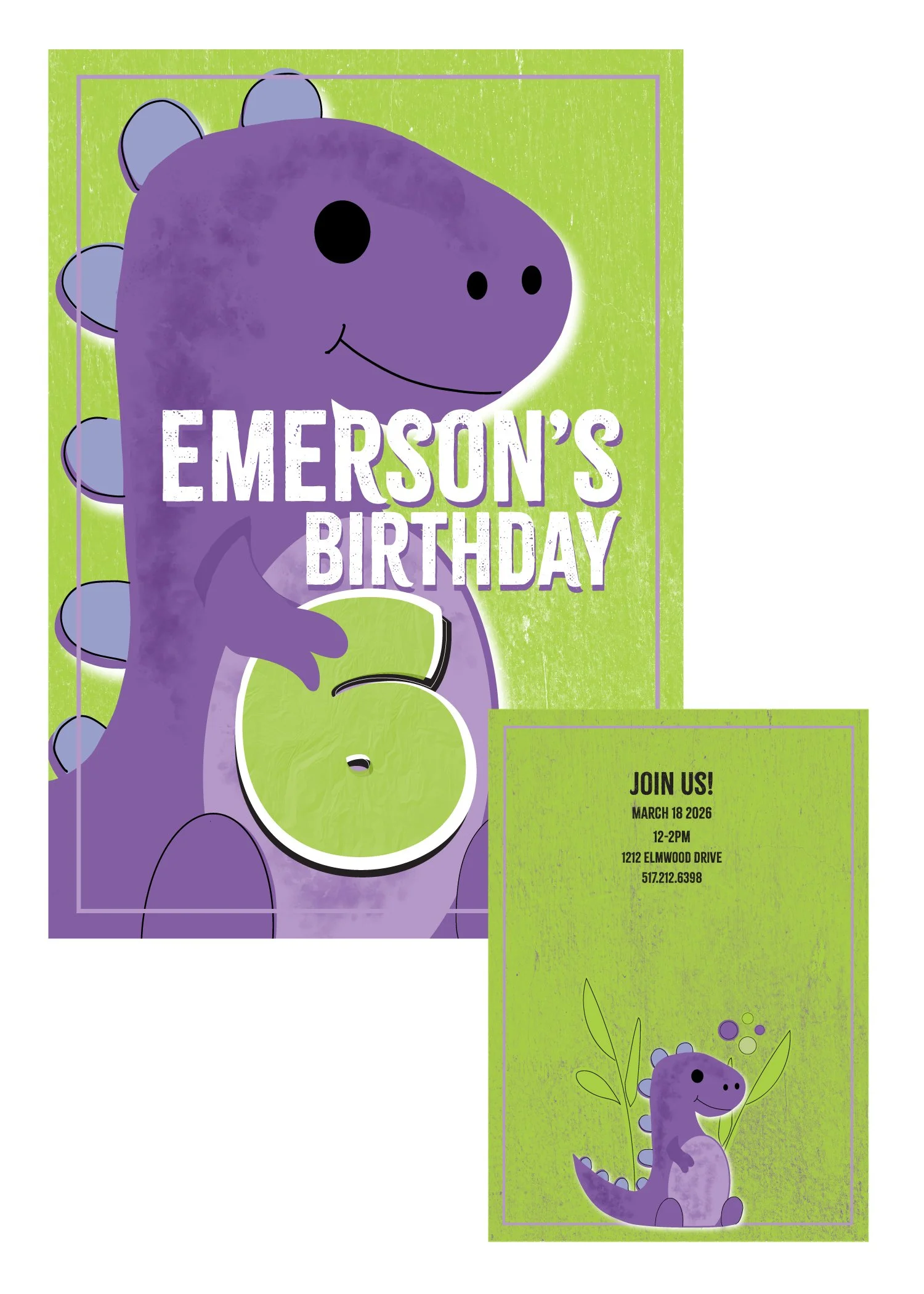 Purple dinosaur cartoon with a big head, large black eyes, a smile, and small arms, on a green background. The text reads 'Emerson's Birthday' and a green box inside contains the details of the event, including date, time, location, and contact number.