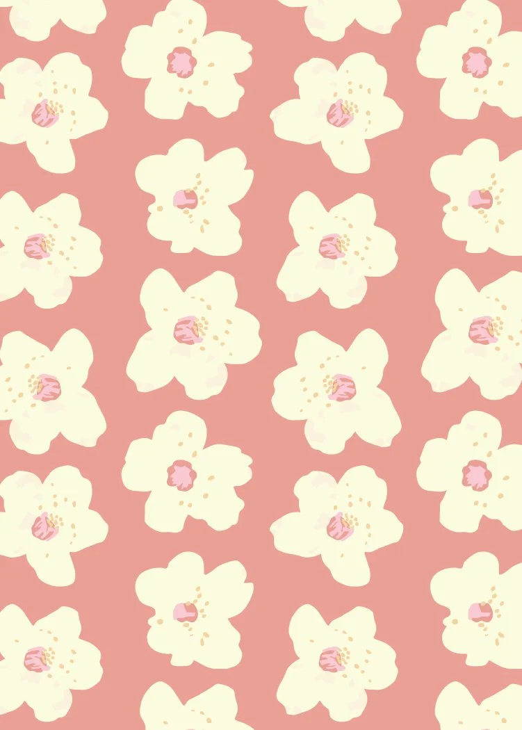 Pattern of white flowers with pink centers on a peach background.