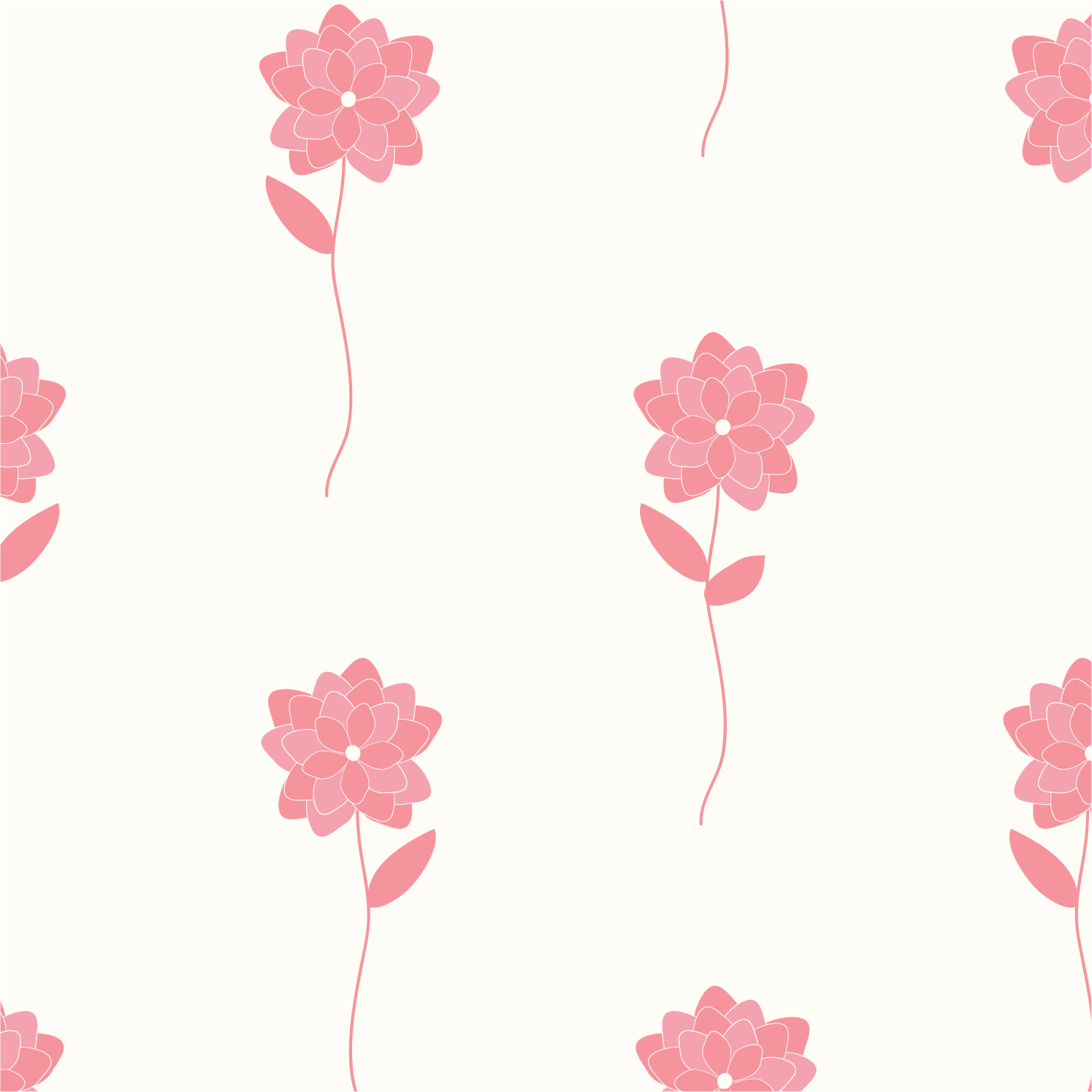 Pattern of pink flowers with multiple petals and green leaves on a light cream background.
