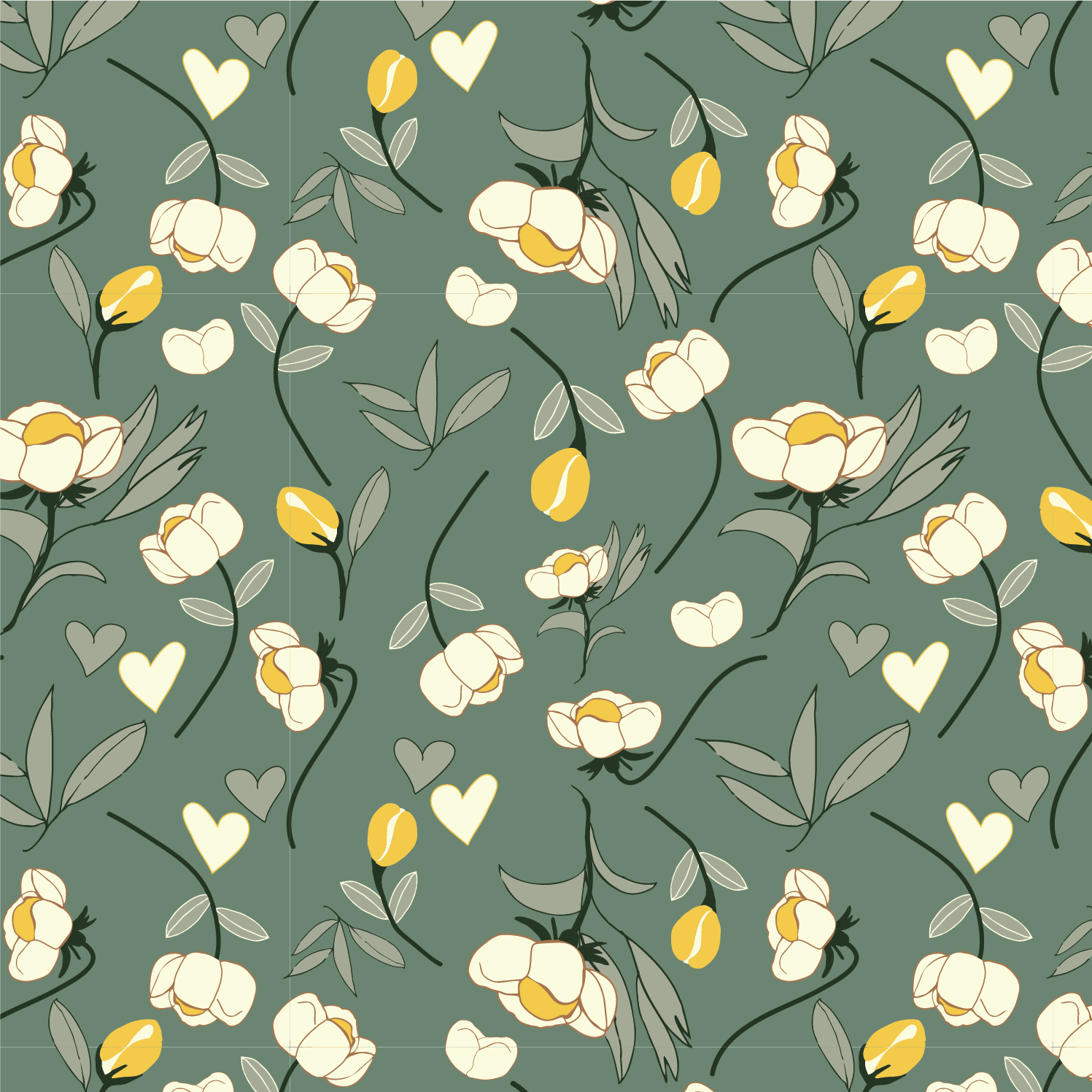 A repeating floral pattern with white and yellow flowers, green leaves, and small heart shapes on a muted green background.