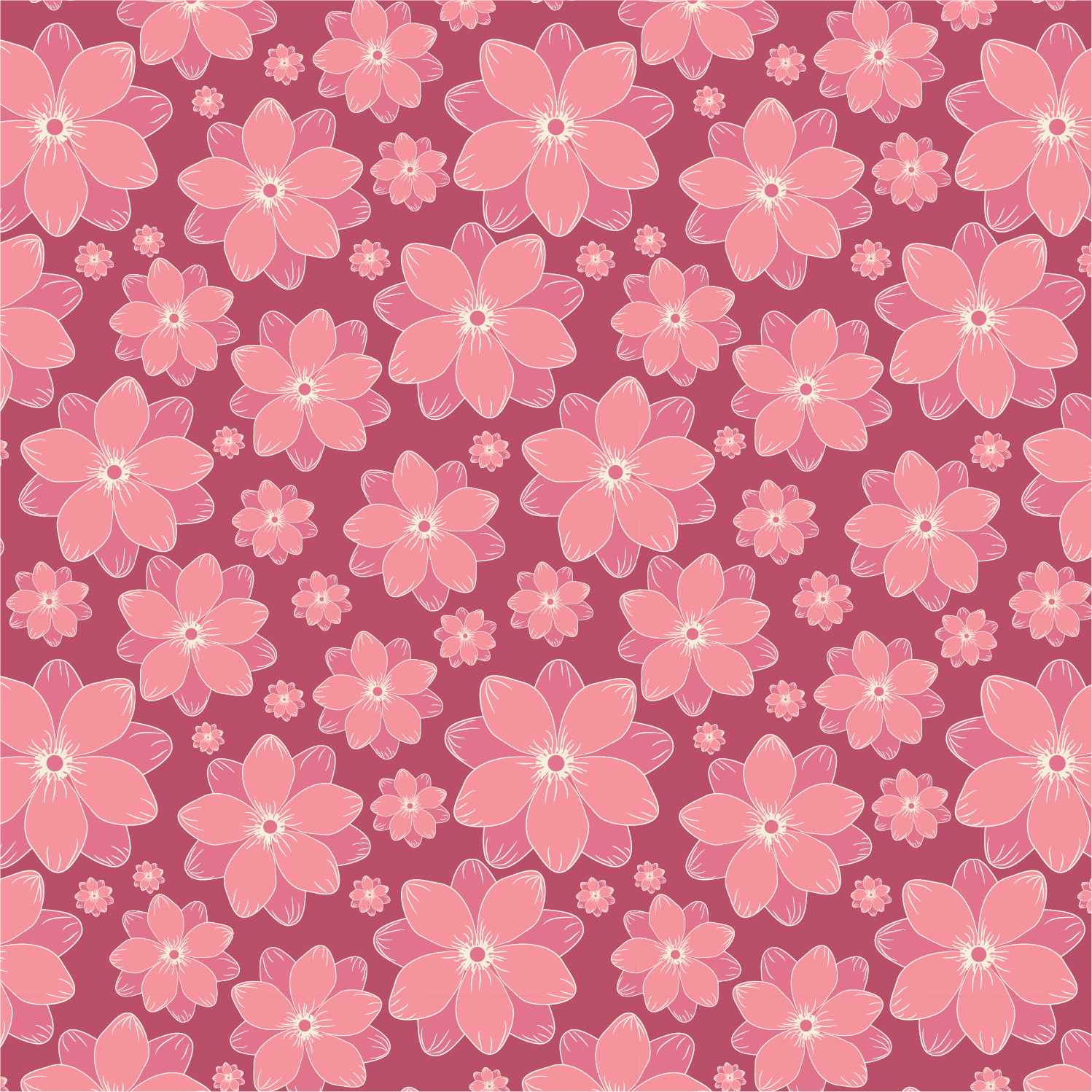 Pink floral pattern with large and small outlined flowers on a darker pink background.