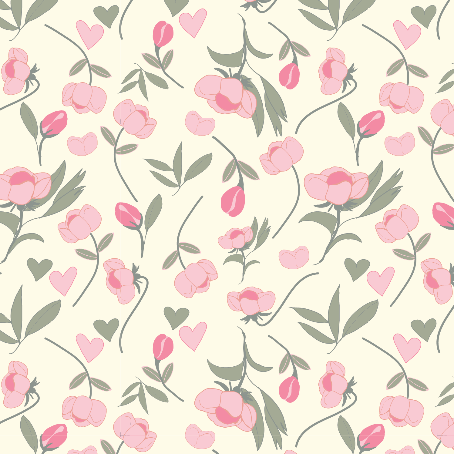 A pattern of pink and peach roses with green leaves and small pink and green hearts on a cream background.