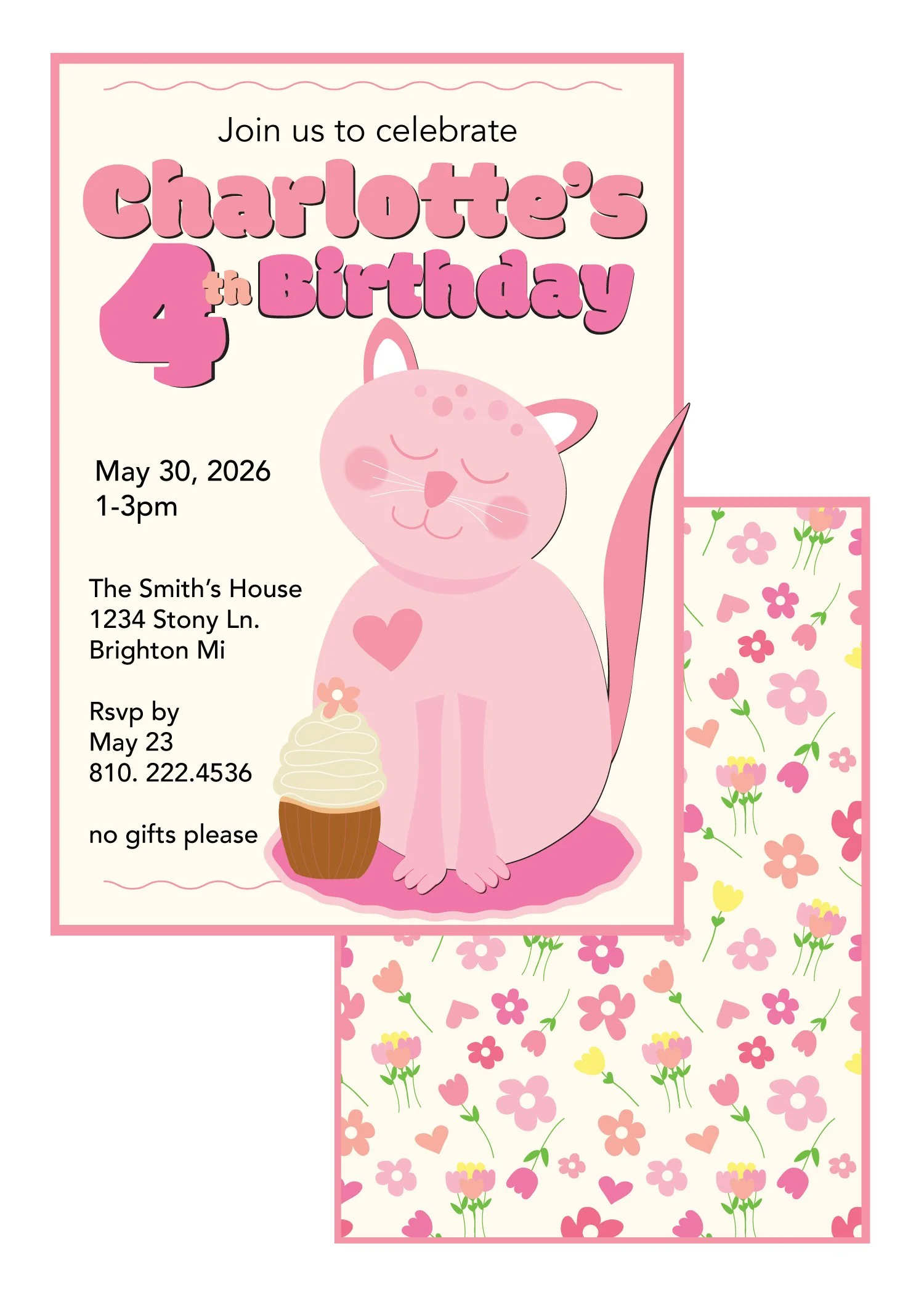 Pink-themed birthday invitation featuring a cartoon pink kitten with a heart on its chest, a cupcake with white frosting, and floral and heart patterns in the background. Contains event details for Charlotte's 4th birthday on May 30, 2026, from 1-3pm, at The Smith's House, and RSVP information.
