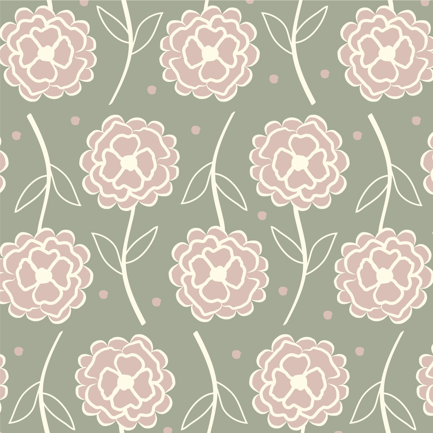 Pattern of pink and cream flowers with green leaves and small dots on a muted green background.