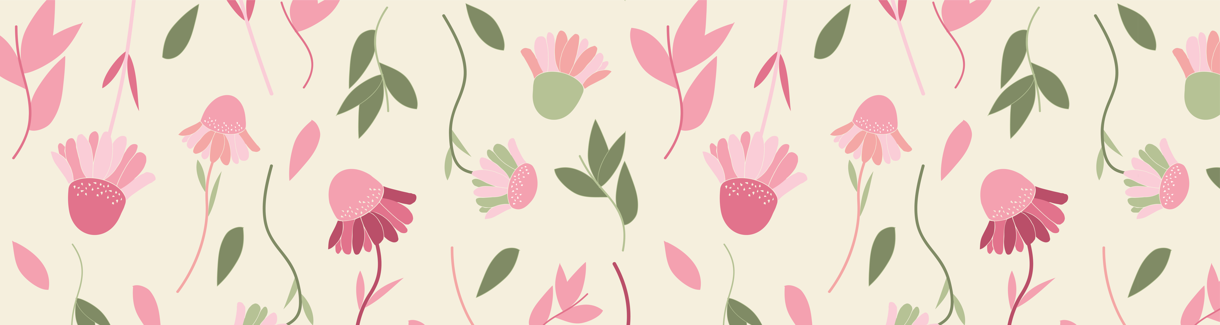 Pattern of pink flowers and green leaves on a light cream background.