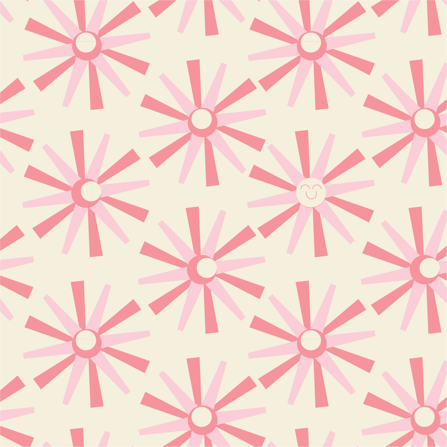 Pattern of pink and light pink flowers with smiley faces on a cream background.