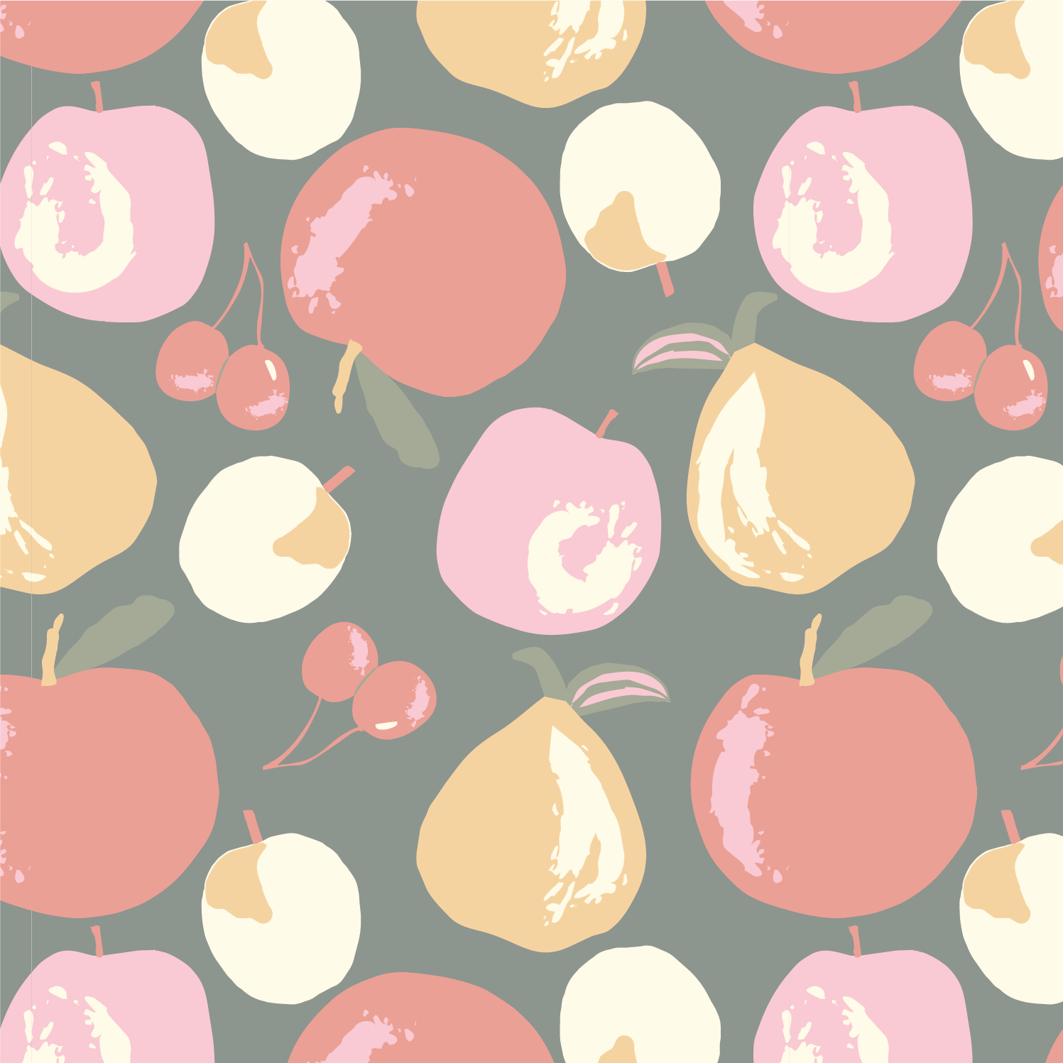 A repeating pattern of floating apples and cherries in pastel colors on a muted gray-green background.