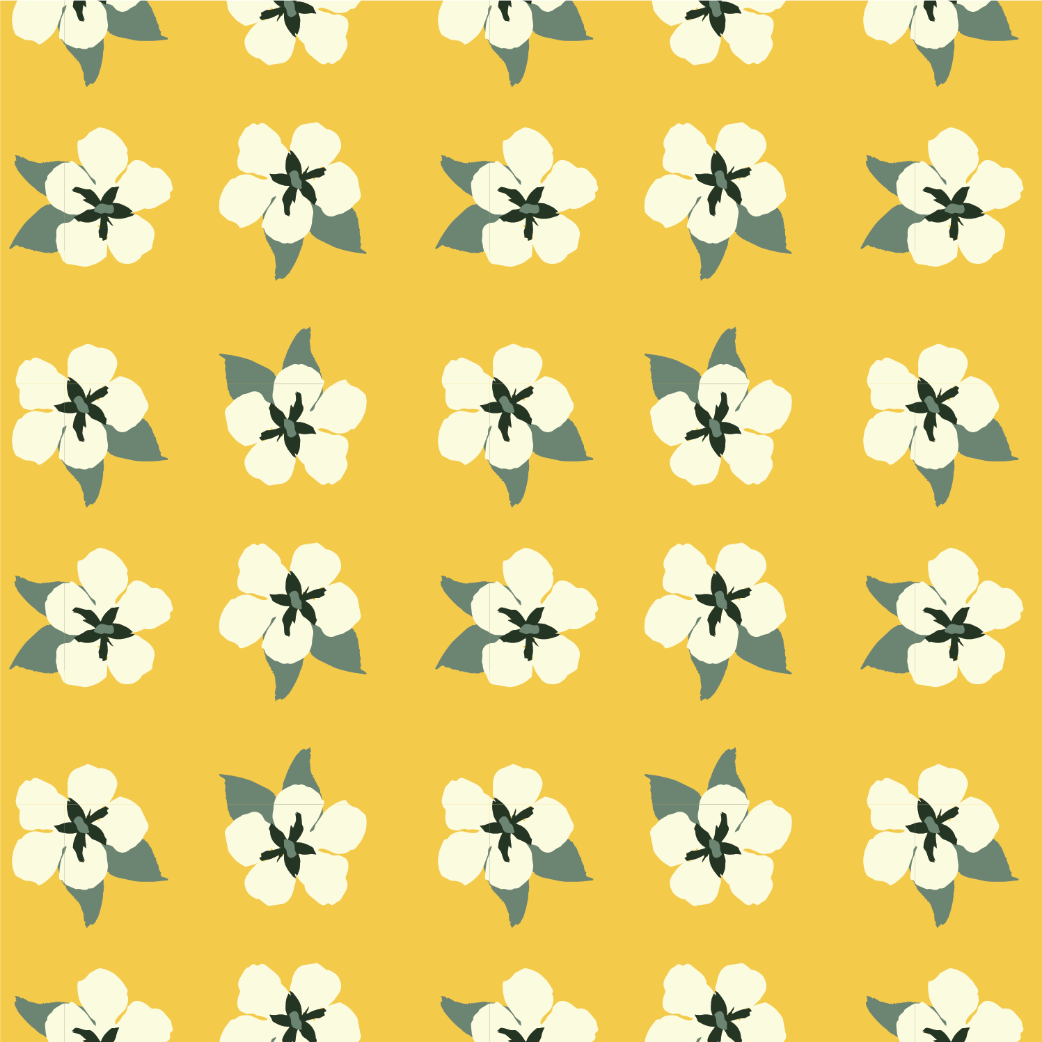 Pattern of white flowers with green leaves on a yellow background.