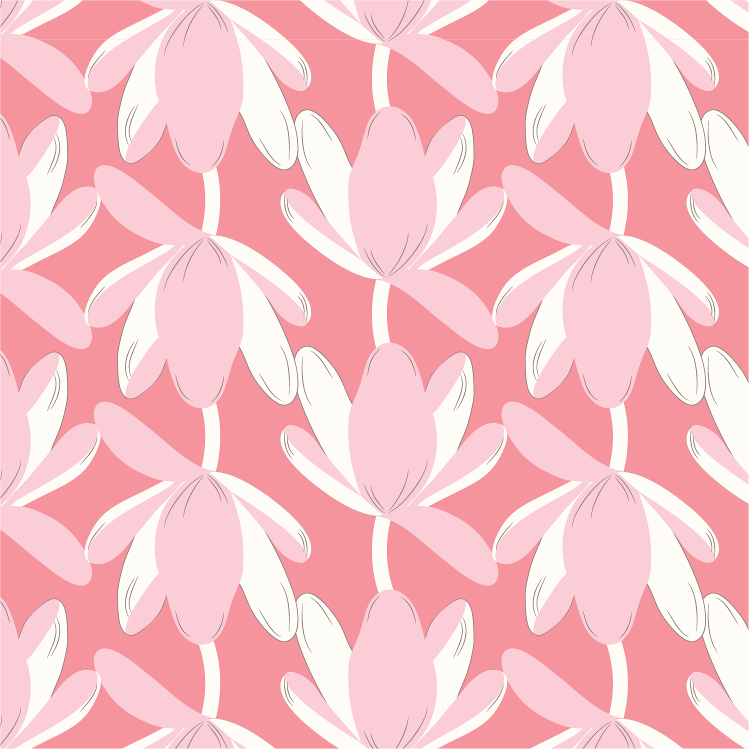 A seamless pattern of pink and white tulip flowers on a pink background.
