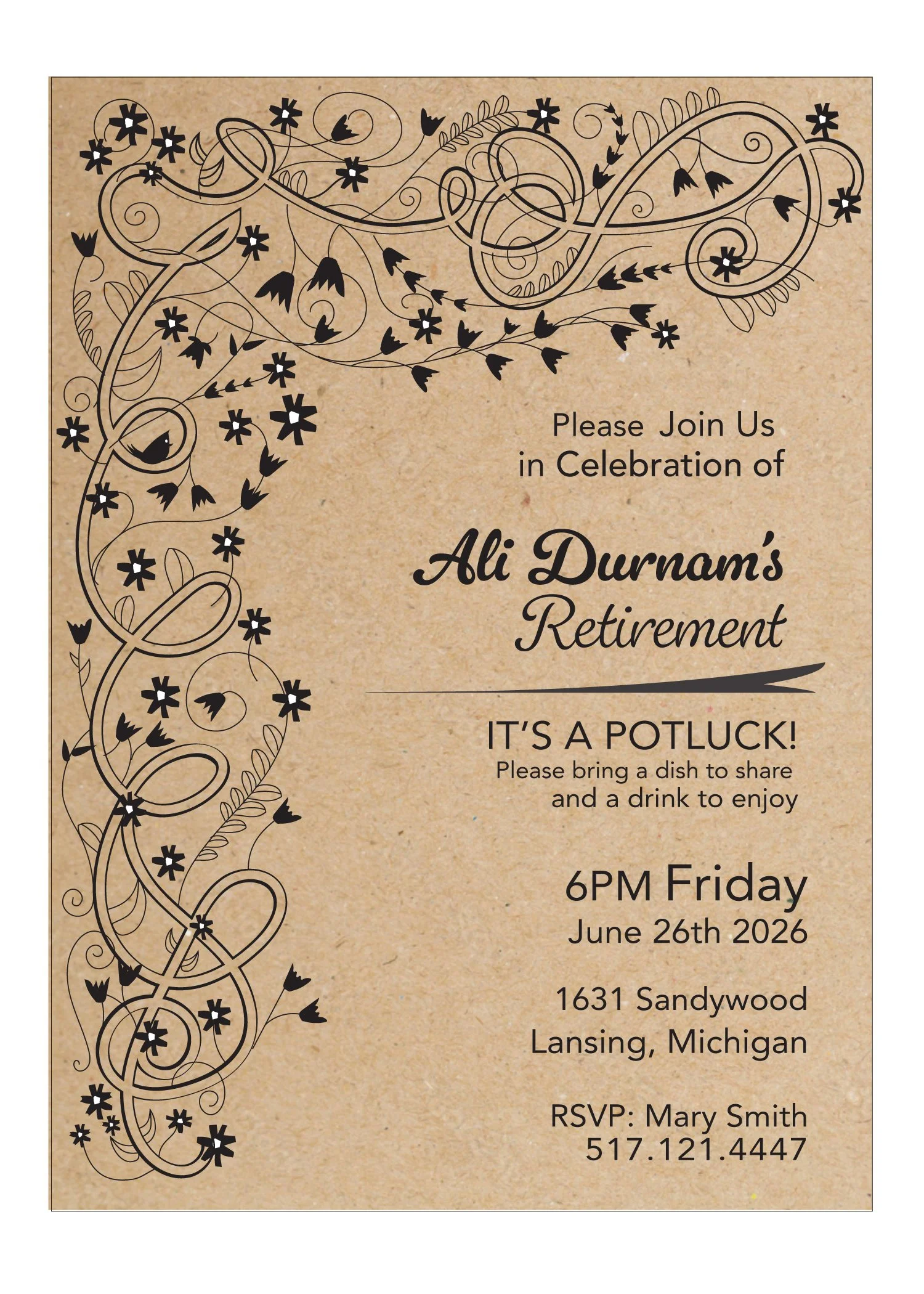Invitation to celebrate Ali Durnam's retirement with a potluck on June 26th, 2026 at 1631 Sandywood, Lansing, Michigan. The design features black floral and swirly patterns on a beige background.