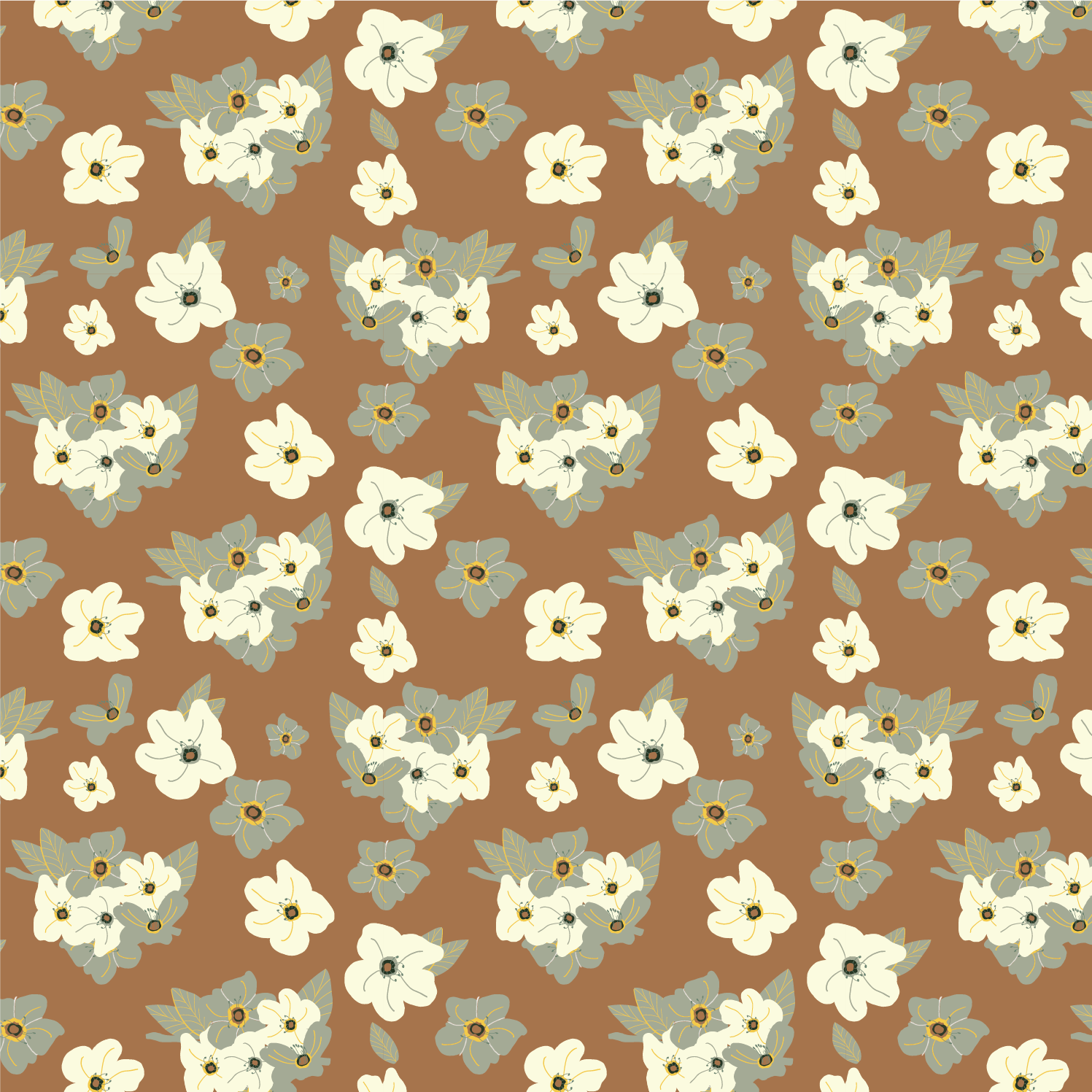 A seamless floral pattern with light cream and grayish flowers with yellow accents, green leaves with yellow veins, all on a brown background.