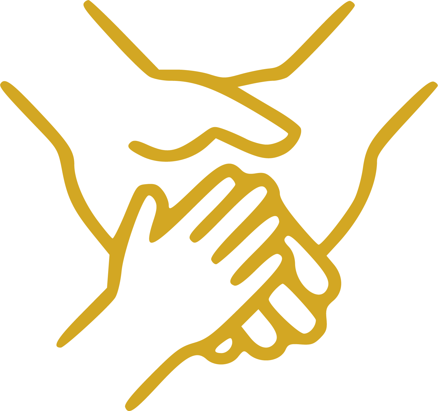 Outline drawing of two hands shaking, with one hand on top of the other, in gold color.